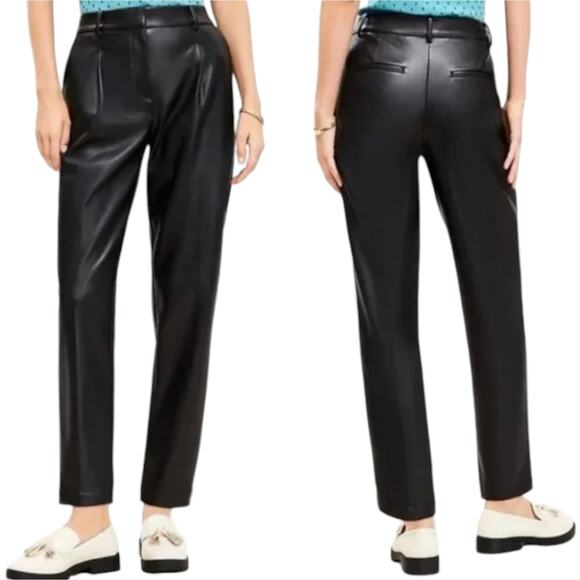 Loft Vegan Leather Pleated Trouser Tapered Leg Pants Black High Rise Size 14 New - Picture 1 of 14